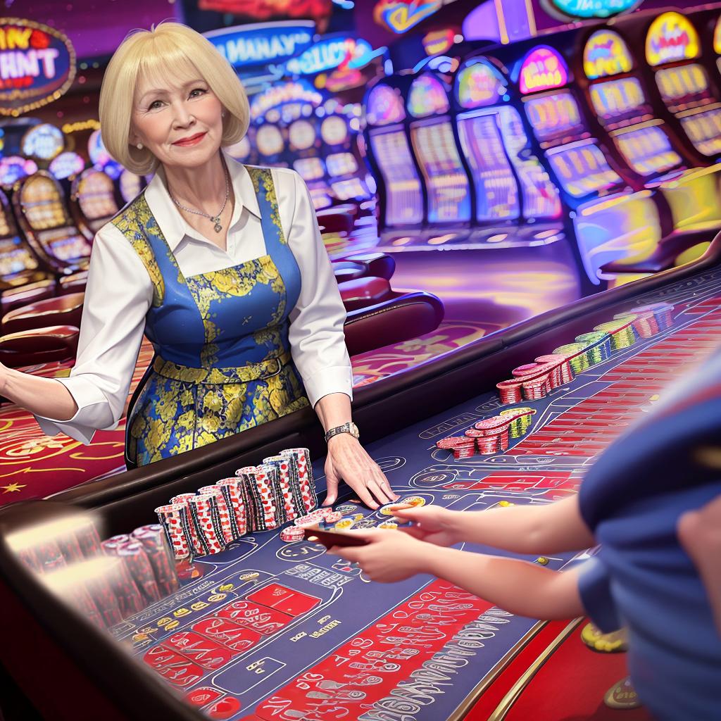  A 50-year-old blonde white granny plays slots at a Las Vegas casino.