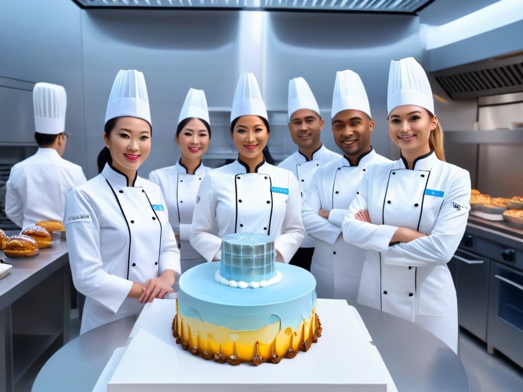  An image of a sleek, modern kitchen filled with advanced augmented reality technology, showcasing holographic cake designs floating in the air while a group of diverse, smiling pastry chefs in crisp white uniforms work together seamlessly. The scene exudes professionalism and innovation, with a minimalist color palette of whites, silvers, and soft blues enhancing the futuristic feel of the hightech kitchen. hyperrealistic, full body, detailed clothing, highly detailed, cinematic lighting, stunningly beautiful, intricate, sharp focus, f/1. 8, 85mm, (centered image composition), (professionally color graded), ((bright soft diffused light)), volumetric fog, trending on instagram, trending on tumblr, HDR 4K, 8K