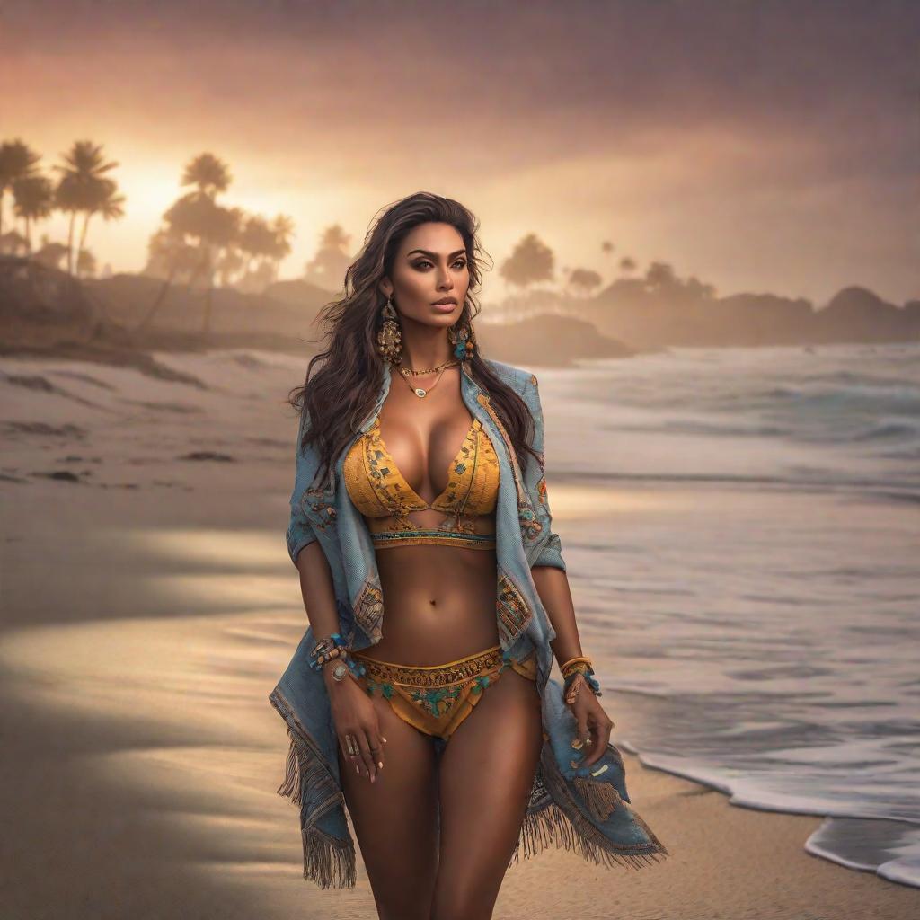  Chica en la playa hyperrealistic, full body, detailed clothing, highly detailed, cinematic lighting, stunningly beautiful, intricate, sharp focus, f/1. 8, 85mm, (centered image composition), (professionally color graded), ((bright soft diffused light)), volumetric fog, trending on instagram, trending on tumblr, HDR 4K, 8K