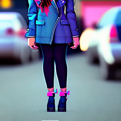  Chica con cabello largo ojos rosas, chaqueta color azul marino de manga larga, falda color azul marino, medias y zapatos negros. 