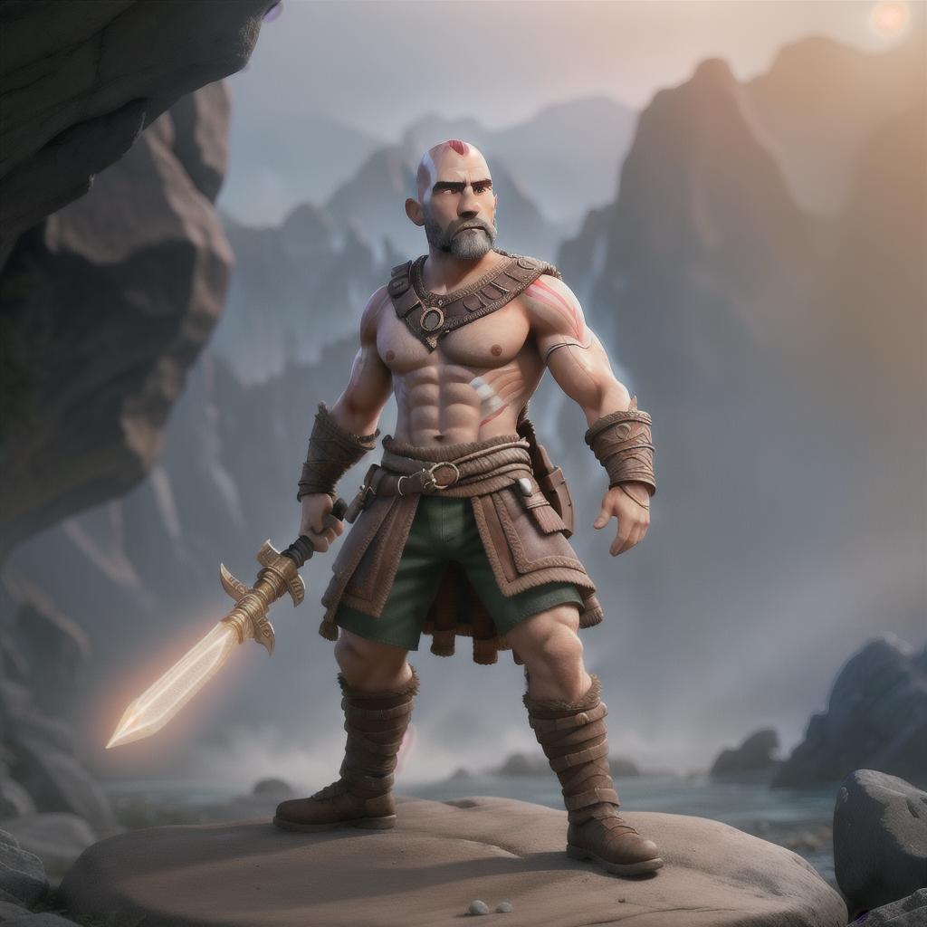  God of war hyperrealistic, full body, detailed clothing, highly detailed, cinematic lighting, stunningly beautiful, intricate, sharp focus, f/1. 8, 85mm, (centered image composition), (professionally color graded), ((bright soft diffused light)), volumetric fog, trending on instagram, trending on tumblr, HDR 4K, 8K