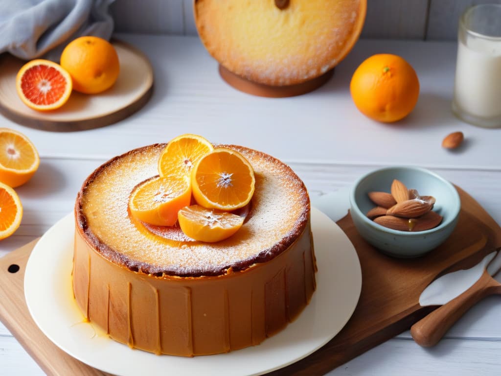  A serene and minimalistic image of a freshly baked orange and almond cake sitting on a rustic wooden table, surrounded by scattered whole almonds and vibrant orange slices. The cake is perfectly moist and golden, emitting a tantalizing aroma that fills the air. Sunlight gently filters through a nearby window, casting a soft glow on the textured surface of the cake, creating a warm and inviting atmosphere. hyperrealistic, full body, detailed clothing, highly detailed, cinematic lighting, stunningly beautiful, intricate, sharp focus, f/1. 8, 85mm, (centered image composition), (professionally color graded), ((bright soft diffused light)), volumetric fog, trending on instagram, trending on tumblr, HDR 4K, 8K