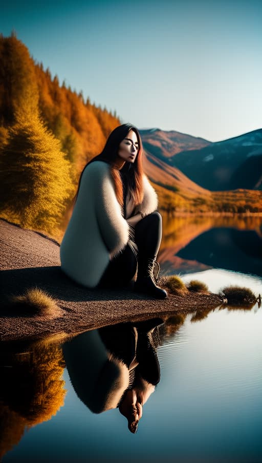  Beautilful girl sitting by a lakeside. hyperrealistic, full body, detailed clothing, highly detailed, cinematic lighting, stunningly beautiful, intricate, sharp focus, f/1. 8, 85mm, (centered image composition), (professionally color graded), ((bright soft diffused light)), volumetric fog, trending on instagram, trending on tumblr, HDR 4K, 8K