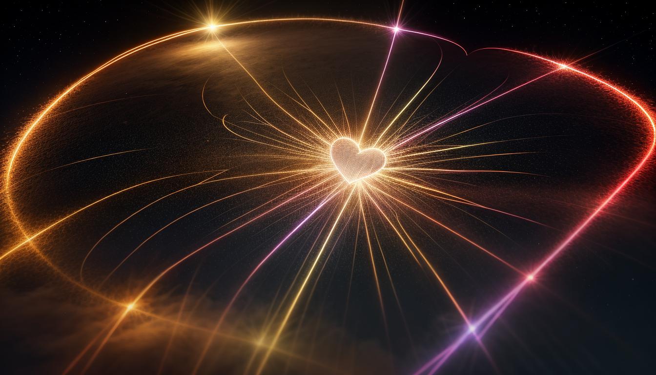  cinematic, aesthetic, A heart shape surrounded by smaller glowing hearts, radiating energy, interconnected lines, bright center, delicate outline, warm colors, representing interconnectedness and energy renewal, 4k, HDR, lens flare