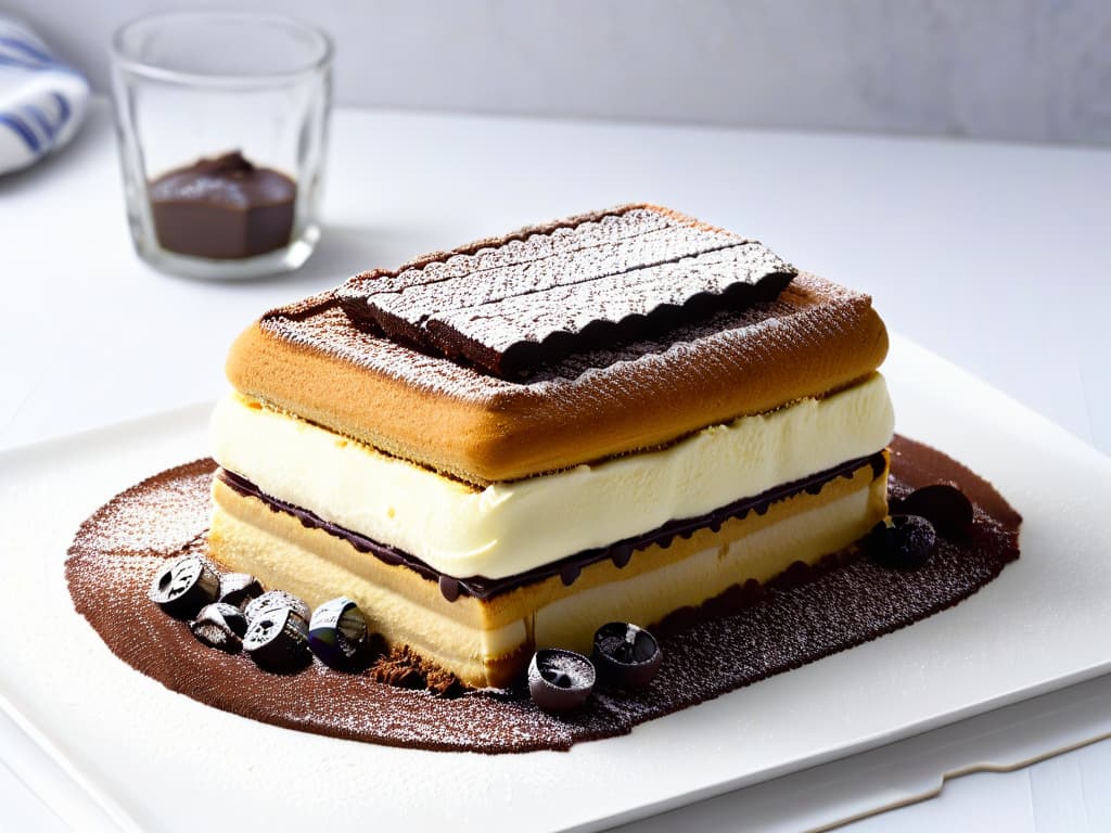  A closeup, highresolution image of a decadent tiramisù dessert, showcasing layers of espressosoaked ladyfingers, rich mascarpone cream, and a dusting of cocoa powder on top. The dessert is elegantly presented on a simple, white ceramic plate, with a silver spoon placed beside it. The focus is on the creamy texture of the mascarpone and the intricate layers of the dessert, highlighting its indulgent and authentic nature. hyperrealistic, full body, detailed clothing, highly detailed, cinematic lighting, stunningly beautiful, intricate, sharp focus, f/1. 8, 85mm, (centered image composition), (professionally color graded), ((bright soft diffused light)), volumetric fog, trending on instagram, trending on tumblr, HDR 4K, 8K