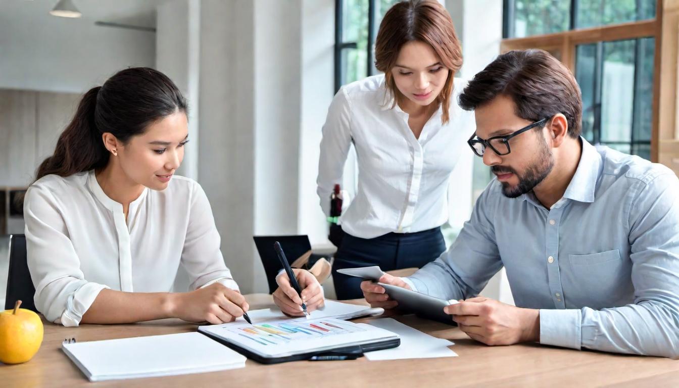  digital illustration, 2people, sitting at a table with notebooks and pens, engaged in a focused discussion, one person gesturing towards a graph on a nearby tablet, bright room, tools for cognitive change, constructive atmosphere, problem solving, looking at viewer, dynamic pose, (intricate details, masterpiece, best quality)