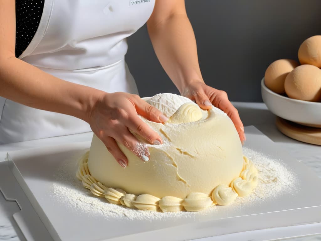  An ultradetailed image of a perfectly hydrated dough being kneaded by a pair of hands on a sleek, white marble countertop. The hands are expertly shaping the dough into a smooth, round ball, with small flecks of flour dusting the surface. The lighting is soft, casting gentle shadows and highlighting the glossy texture of the dough. The minimalist composition focuses on the artistry and precision of the baking process, conveying a sense of professionalism and inspiration to the readers. hyperrealistic, full body, detailed clothing, highly detailed, cinematic lighting, stunningly beautiful, intricate, sharp focus, f/1. 8, 85mm, (centered image composition), (professionally color graded), ((bright soft diffused light)), volumetric fog, trending on instagram, trending on tumblr, HDR 4K, 8K