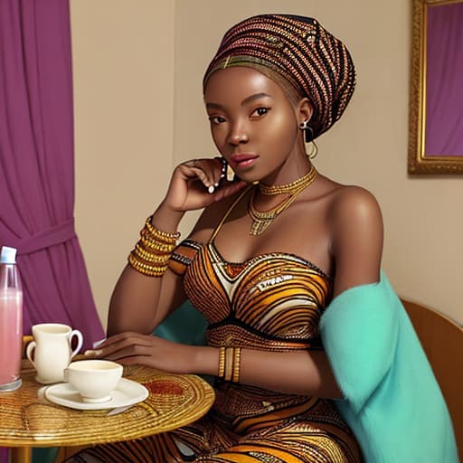  a young African lady sitting in her room beautifully decorated, she is has an earpiece in her ear and sitting at a table with a cup of juice on it