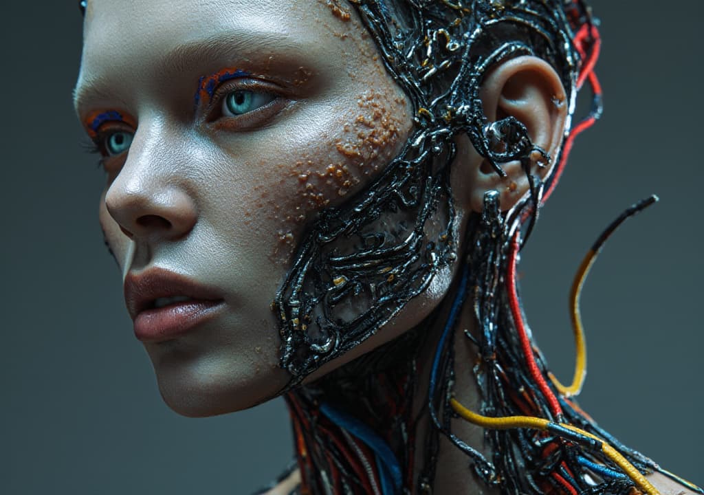  good quality, high quality, a hyper detailed close up of a futuristic humanoid with intricate wiring and circuits integrated into their face and neck | realistic and futuristic design | vivid colors with a focus on red, blue, and yellow wiring | photorealistic textures and glossy surfaces