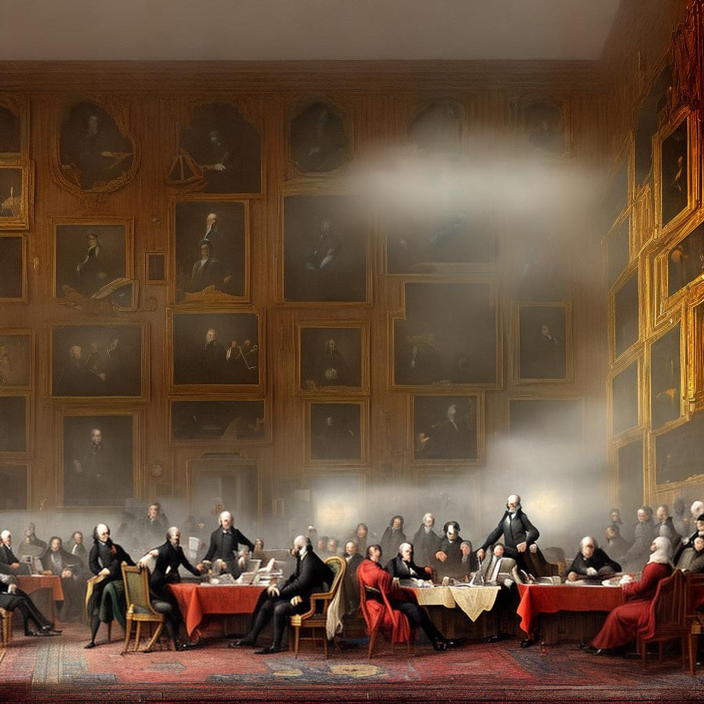  A group of philosophers, including John Stuart Mill, debating the concept of happiness in a dimly lit study room. The room is filled with dusty bookshelves and a large wooden table covered with papers and quill pens. John Stuart Mill is passionately arguing his point, while Jeremy Bentham's portrait hangs on the wall, seemingly observing the discussion. The atmosphere is intense and filled with intellectual energy. The scene is rendered in a ((realistic)) style with (((best quality))) and (((high detailed))) 8k resolution, capturing every intricate detail in the room. hyperrealistic, full body, detailed clothing, highly detailed, cinematic lighting, stunningly beautiful, intricate, sharp focus, f/1. 8, 85mm, (centered image composition), (professionally color graded), ((bright soft diffused light)), volumetric fog, trending on instagram, trending on tumblr, HDR 4K, 8K