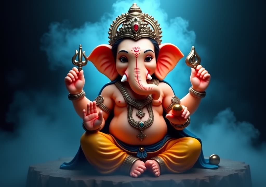  good quality, high quality, this image shows a vibrant depiction of the hindu deity cute ganesha. he is portrayed in a traditional sitting posture, adorned with ornate jewelry and a crown. his body is a soft orange, and his attire includes black and white garments. his multiple arms carry symbols and objects, indicative of his various powers and blessings. the background is dark, creating a dramatic contrast with a smoky blue aura behind the figure, adding to the divine and mystical effect, sharp focus, f/1. 8, 85mm, (centered image composition), (professionally color graded), ((bright soft diffused light)), volumetric fog, trending on instagram, trending on tumblr, hdr 4k, 8k hyperrealistic, full body, detailed clothing, highly detailed, c