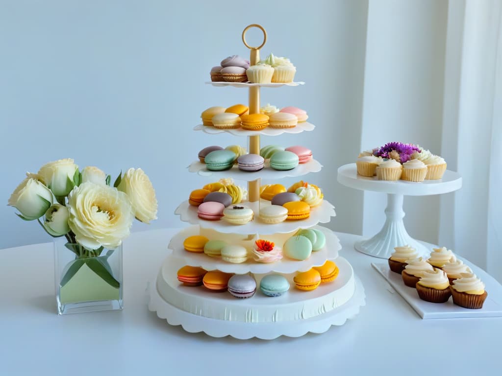  A serene, minimalistic image of a beautifully decorated table set up for a pastrymaking workshop, featuring elegant pastelcolored macarons, intricately designed cupcakes, and delicate sugar flowers arranged on pristine white porcelain platters. The soft, natural light filtering through sheer curtains casts a gentle glow on the delectable treats, creating a serene and inviting atmosphere perfect for a luxurious pastry retreat. hyperrealistic, full body, detailed clothing, highly detailed, cinematic lighting, stunningly beautiful, intricate, sharp focus, f/1. 8, 85mm, (centered image composition), (professionally color graded), ((bright soft diffused light)), volumetric fog, trending on instagram, trending on tumblr, HDR 4K, 8K