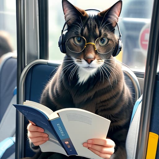  Realistic image of a cat wearing headphones and reading glasses while riding a bus. hyperrealistic, full body, detailed clothing, highly detailed, cinematic lighting, stunningly beautiful, intricate, sharp focus, f/1. 8, 85mm, (centered image composition), (professionally color graded), ((bright soft diffused light)), volumetric fog, trending on instagram, trending on tumblr, HDR 4K, 8K