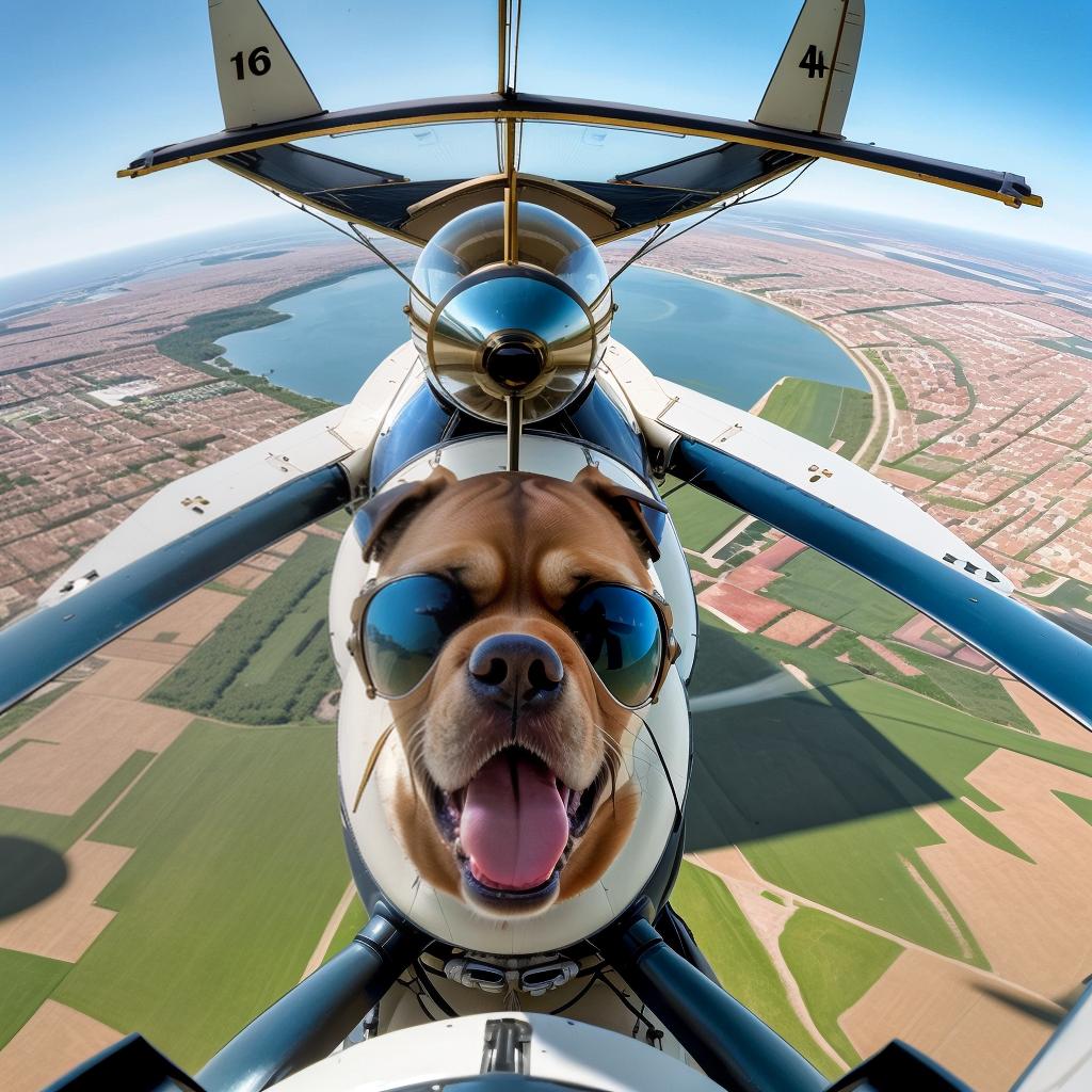  ultra detailed 16k resolution, photo realistic, high definition, natural lightingclose up of a biplane flying upside down, dog pilot