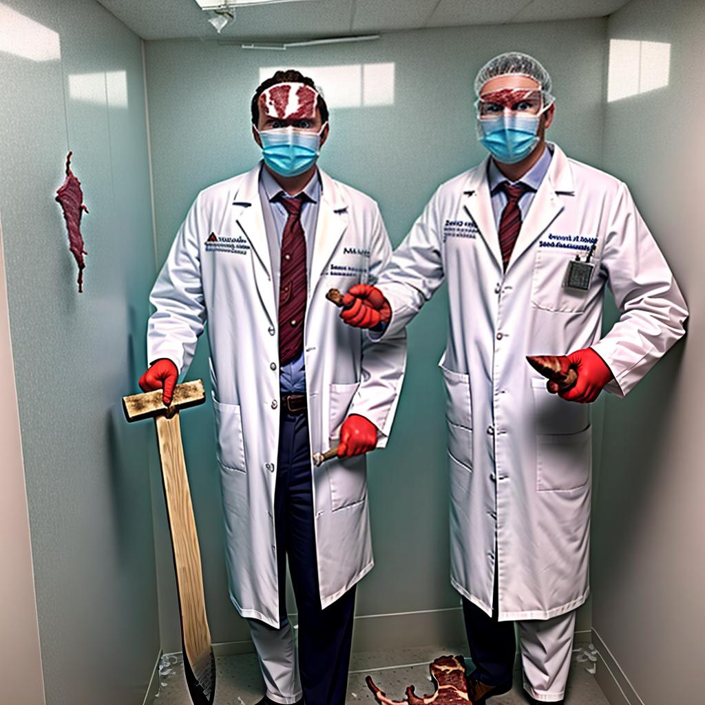  A man with a white doctor's coat and a mask with a razor blade and in his hand he holds a meat ax stands in a room covered with plastic on the walls!