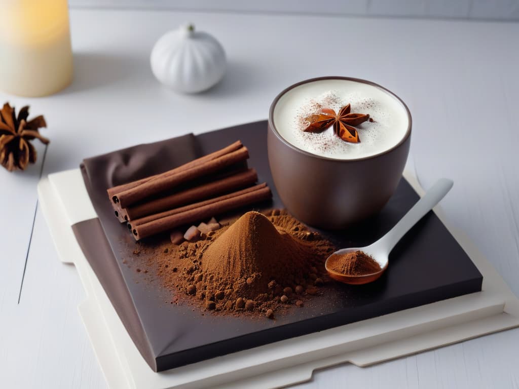  An 8k ultradetailed image of a sleek, modern kitchen countertop with a row of neatly arranged highquality ingredients for preparing thick and creamy hot chocolate. The shot captures a stack of rich dark chocolate bars, a small pile of fragrant cocoa powder, a mound of pure cane sugar, a pitcher of fresh whole milk, and a scattering of whole cinnamon sticks and star anise pods. The minimalist composition highlights the luxurious simplicity of the ingredients, inviting the viewer to dive into the art of crafting the perfect cup of hot chocolate. hyperrealistic, full body, detailed clothing, highly detailed, cinematic lighting, stunningly beautiful, intricate, sharp focus, f/1. 8, 85mm, (centered image composition), (professionally color graded), ((bright soft diffused light)), volumetric fog, trending on instagram, trending on tumblr, HDR 4K, 8K