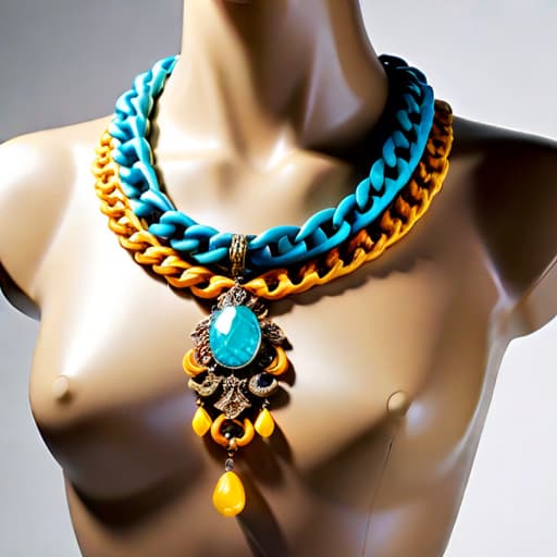  Subject Detail: The image depicts a chain necklace with summer-colored parts. The necklace has an ornate pendant, machined by CNC, Medium: This artwork is highly detailed and photorealistic. Art Style: The art style is a blend of Irregular Choice, Buffalo London and Osamu Tezuka hyperrealistic, full body, detailed clothing, highly detailed, cinematic lighting, stunningly beautiful, intricate, sharp focus, f/1. 8, 85mm, (centered image composition), (professionally color graded), ((bright soft diffused light)), volumetric fog, trending on instagram, trending on tumblr, HDR 4K, 8K