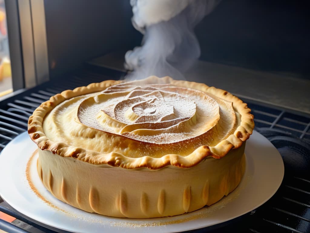  A closeup, photorealistic image of a goldenbrown pie crust emerging from the oven, with visible flaky layers and a sprinkle of sugar glistening on top. The crust is perfectly crimped, showcasing the intricate detailing, and the edges are slightly curled up to reveal the steam escaping from the perfectly baked base. The lighting highlights the textures and colors, emphasizing the crispy and inviting nature of the crust. hyperrealistic, full body, detailed clothing, highly detailed, cinematic lighting, stunningly beautiful, intricate, sharp focus, f/1. 8, 85mm, (centered image composition), (professionally color graded), ((bright soft diffused light)), volumetric fog, trending on instagram, trending on tumblr, HDR 4K, 8K