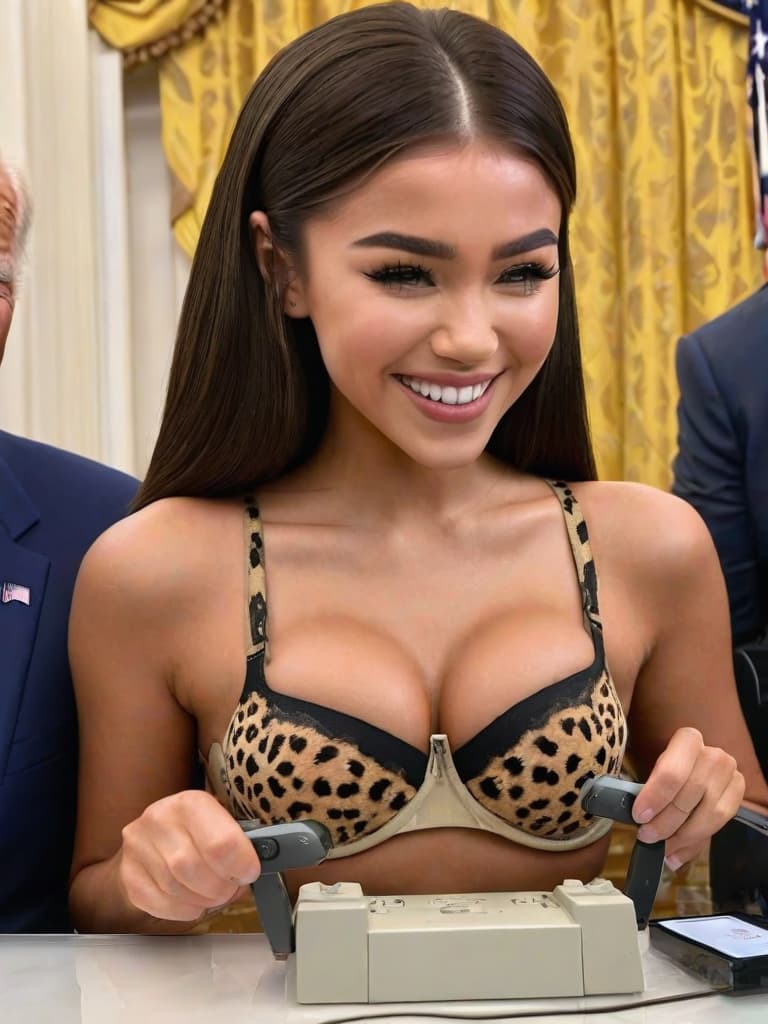  award winning, professional, highly detailed, breathtaking skinny Madison beer laughing hysterically wearing a cheetah print push up bra while standing beside Joe Biden who is holding a remote controller pointing at Madison