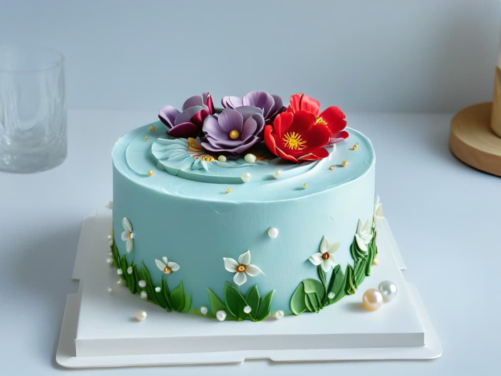  An ultradetailed image showcasing a sleek, modern kitchen counter adorned with an intricately designed cake, featuring augmented reality elements hovering around it. The cake is elegantly decorated with vibrant fondant flowers, shimmering edible pearls, and delicate icing swirls, all enhanced by virtual overlays displaying additional design options and interactive tutorials. The scene exudes a sense of creativity and sophistication, blending traditional cake decorating techniques with cuttingedge augmented reality technology. hyperrealistic, full body, detailed clothing, highly detailed, cinematic lighting, stunningly beautiful, intricate, sharp focus, f/1. 8, 85mm, (centered image composition), (professionally color graded), ((bright soft diffused light)), volumetric fog, trending on instagram, trending on tumblr, HDR 4K, 8K