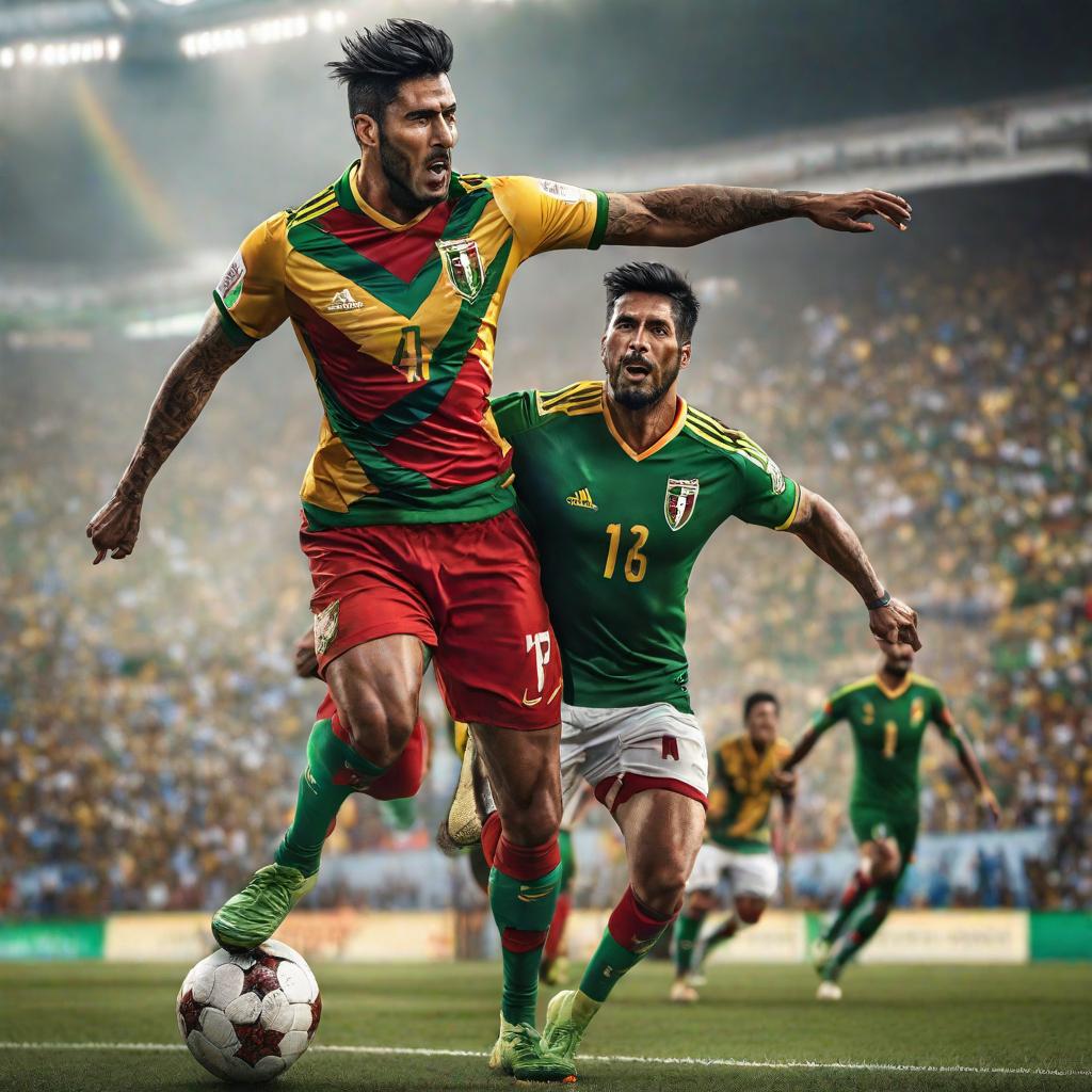  Bolivia campeón mundial de fútbol hyperrealistic, full body, detailed clothing, highly detailed, cinematic lighting, stunningly beautiful, intricate, sharp focus, f/1. 8, 85mm, (centered image composition), (professionally color graded), ((bright soft diffused light)), volumetric fog, trending on instagram, trending on tumblr, HDR 4K, 8K