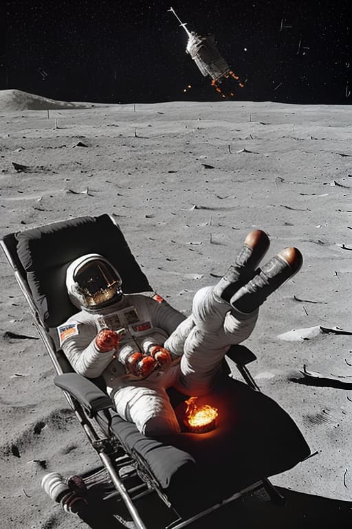  Astronaut stargazing on moon٫while in a recliner drinking root beer٫ and eating flaming hot cheetos