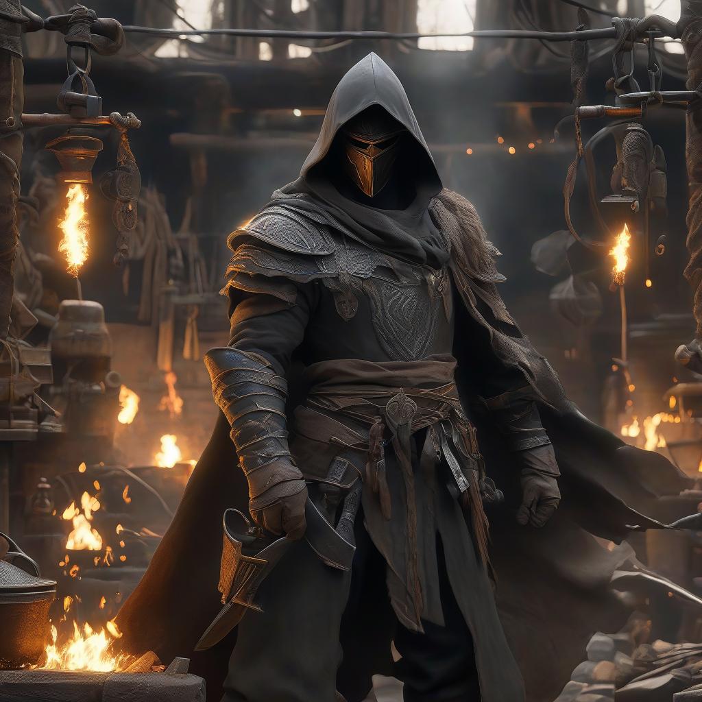  hyperrealistic art 3D, anime, blacksmith, in a mask, in a hood, in all black clothing, towering, against a background of a forge, in a world of dark fantasy, cool. . extremely high resolution details, photographic, realism pushed to extreme, fine texture, incredibly lifelike hyperrealistic, full body, detailed clothing, highly detailed, cinematic lighting, stunningly beautiful, intricate, sharp focus, f/1. 8, 85mm, (centered image composition), (professionally color graded), ((bright soft diffused light)), volumetric fog, trending on instagram, trending on tumblr, HDR 4K, 8K