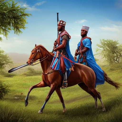  created for me a picture of Hausa kings fighting with swords on horses hyperrealistic, full body, detailed clothing, highly detailed, cinematic lighting, stunningly beautiful, intricate, sharp focus, f/1. 8, 85mm, (centered image composition), (professionally color graded), ((bright soft diffused light)), volumetric fog, trending on instagram, trending on tumblr, HDR 4K, 8K