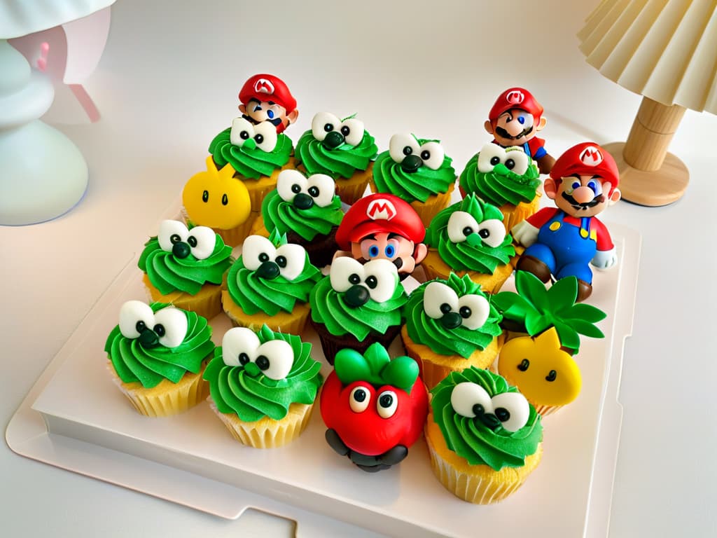  An ultradetailed and minimalistic image of a tray of freshly baked Super Mariothemed cupcakes, each adorned with meticulously crafted fondant decorations of iconic characters like Mario, Luigi, Princess Peach, and Toad. The cupcakes are elegantly arranged on a sleek, white platter, with soft lighting casting a gentle glow on their vibrant colors and intricate designs. Each cupcake showcases a level of artistry and precision that captures the essence of the beloved Super Mario universe, making them not just treats but edible works of art. hyperrealistic, full body, detailed clothing, highly detailed, cinematic lighting, stunningly beautiful, intricate, sharp focus, f/1. 8, 85mm, (centered image composition), (professionally color graded), ((bright soft diffused light)), volumetric fog, trending on instagram, trending on tumblr, HDR 4K, 8K