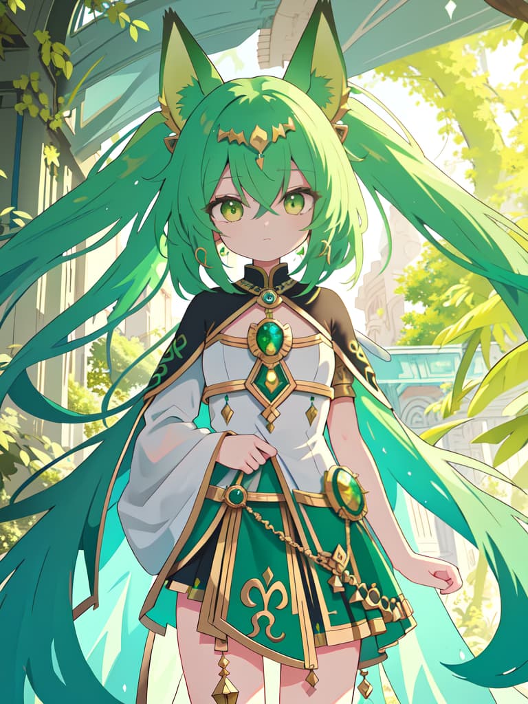  Green hair characters and murals of Anubis, masterpiece, best quality,8k,ultra detailed,high resolution,an extremely delicate and beautiful,hyper detail