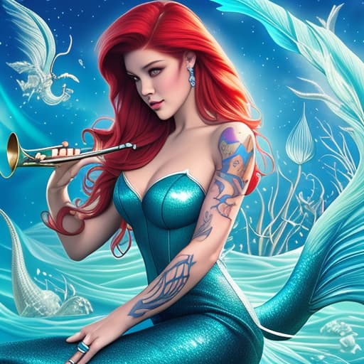  Ariel the mermaid with trumpet tattoo