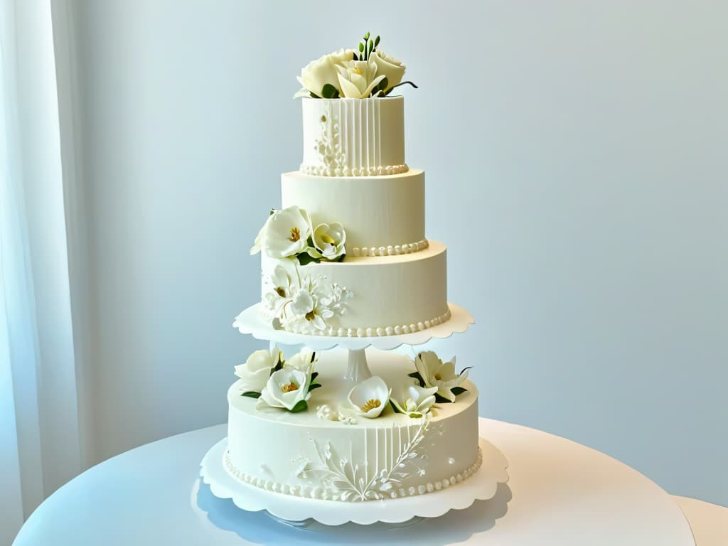  A minimalist, ultradetailed image of a threetier wedding cake designed by Sylvia Weinstock, featuring intricate lacelike piping, delicate sugar flowers, and shimmering edible pearls cascading down the sides. The cake is displayed on a sleek, white pedestal against a soft, neutral background, emphasizing the exquisite craftsmanship and elegance of Weinstock's creations. hyperrealistic, full body, detailed clothing, highly detailed, cinematic lighting, stunningly beautiful, intricate, sharp focus, f/1. 8, 85mm, (centered image composition), (professionally color graded), ((bright soft diffused light)), volumetric fog, trending on instagram, trending on tumblr, HDR 4K, 8K