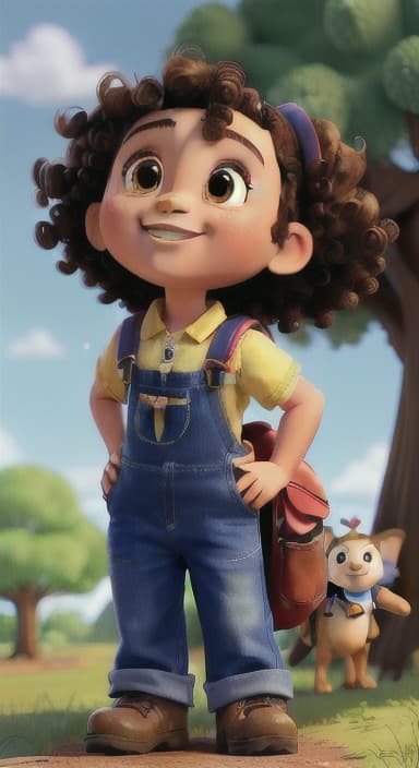  {Riley looking up at the tree with a big smile, animals surrounding them., Riley, a curious with big brown eyes and curly hair, wearing overalls and carrying a small backpack. Their friend, Skye, a bluebird with shiny feathers.