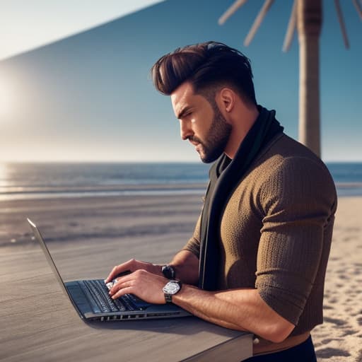  (aesthetic view of guy on laptop at the beach), photorealistic, highly detailed, 4k, high quality hyperrealistic, full body, detailed clothing, highly detailed, cinematic lighting, stunningly beautiful, intricate, sharp focus, f/1. 8, 85mm, (centered image composition), (professionally color graded), ((bright soft diffused light)), volumetric fog, trending on instagram, trending on tumblr, HDR 4K, 8K