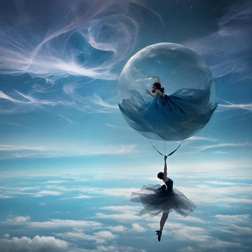  with surrealistic elements, Capture a dreamlike realm where gravity dances in reverse, revealing whimsical landscapes suspended in an ethereal ballet.