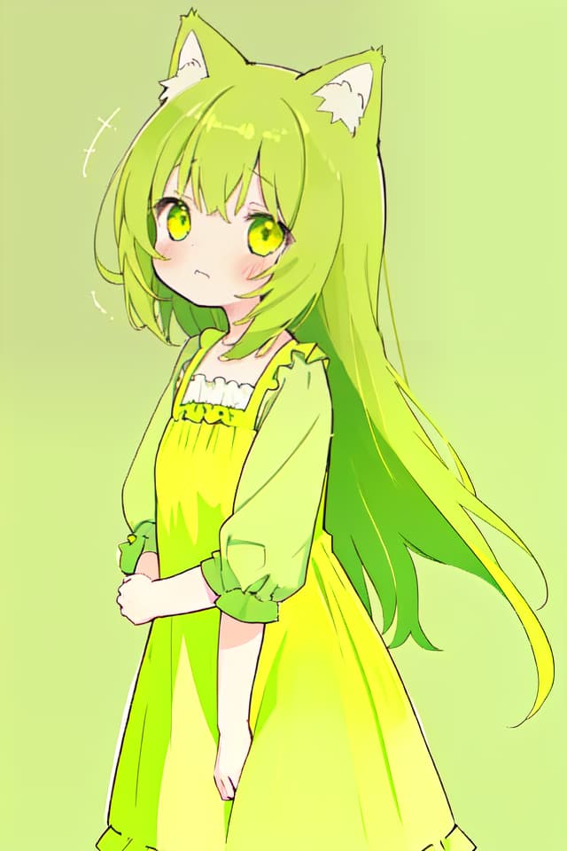  Girl, cute, green and yellow gradation long hair, short green and yellow dress, shy feeling, cat ear headsha