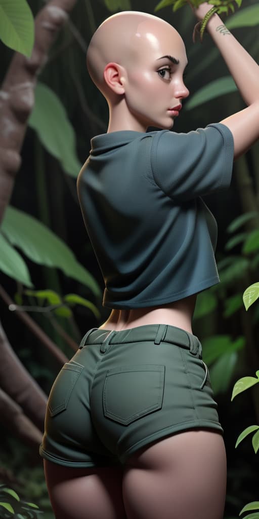  h-bald girl in the jungle, takes off her pants, back