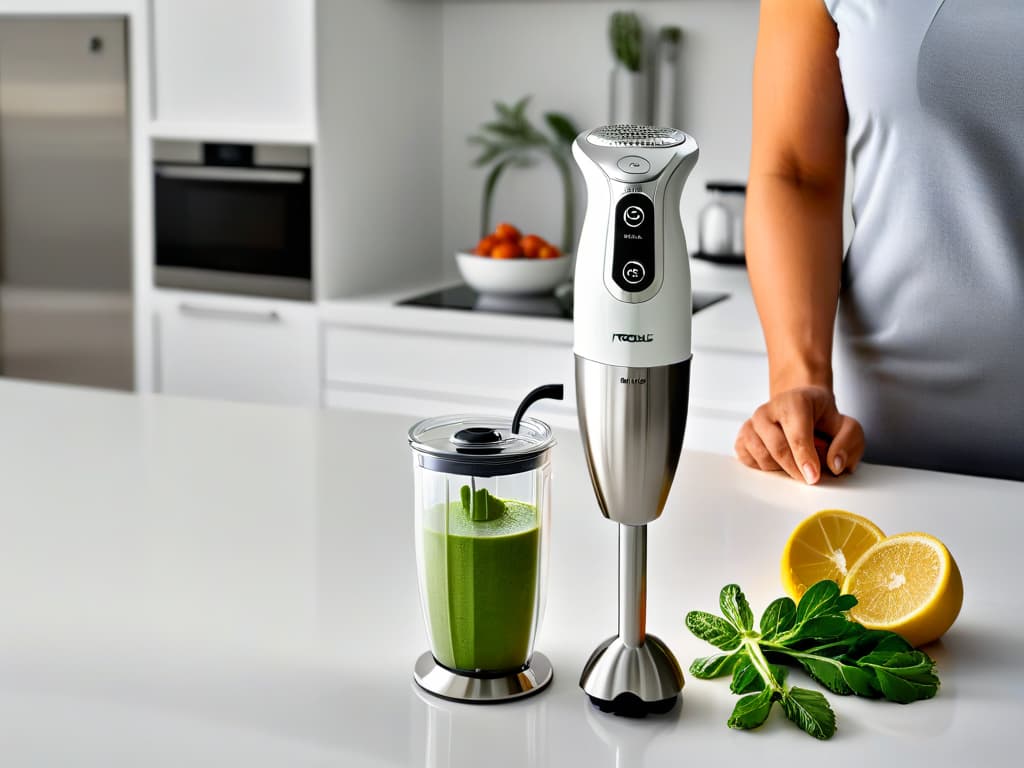  An ultradetailed image of a sleek, modern immersion blender in a pristine white kitchen setting. The focus is on the blender's ergonomic design, with a closeup showcasing its powerful stainless steel blades. The background is softly blurred, highlighting the simplicity and elegance of the appliance. hyperrealistic, full body, detailed clothing, highly detailed, cinematic lighting, stunningly beautiful, intricate, sharp focus, f/1. 8, 85mm, (centered image composition), (professionally color graded), ((bright soft diffused light)), volumetric fog, trending on instagram, trending on tumblr, HDR 4K, 8K