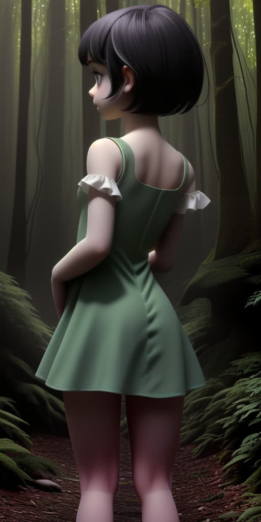  little-girl, in a short dress, with her back, in the forest