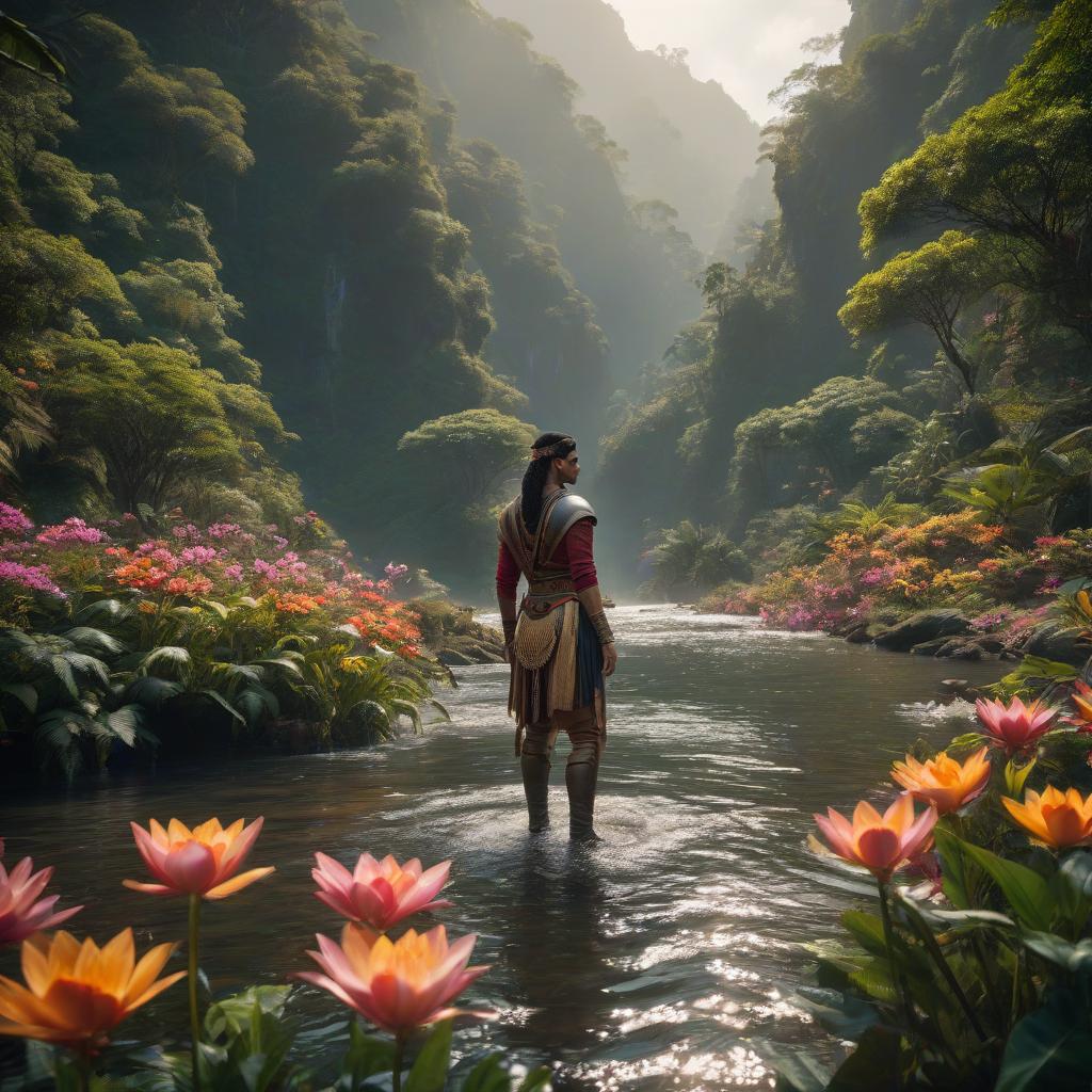  cinematic film still unreal engine 5 render, jungle, river, flowers, extremely detailed, colorful . shallow depth of field, vignette, highly detailed, high budget, bokeh, cinemascope, moody, epic, gorgeous, film grain, grainy hyperrealistic, full body, detailed clothing, highly detailed, cinematic lighting, stunningly beautiful, intricate, sharp focus, f/1. 8, 85mm, (centered image composition), (professionally color graded), ((bright soft diffused light)), volumetric fog, trending on instagram, trending on tumblr, HDR 4K, 8K