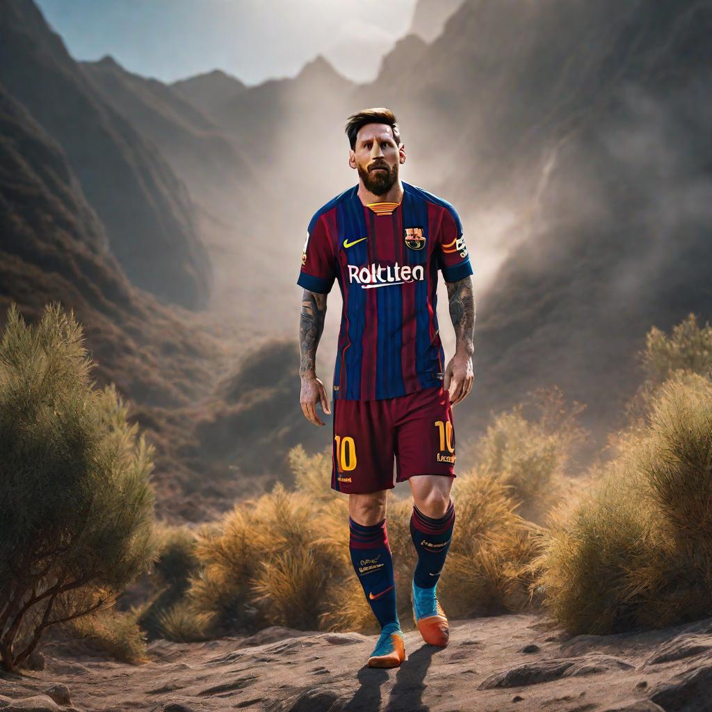  Messi hyperrealistic, full body, detailed clothing, highly detailed, cinematic lighting, stunningly beautiful, intricate, sharp focus, f/1. 8, 85mm, (centered image composition), (professionally color graded), ((bright soft diffused light)), volumetric fog, trending on instagram, trending on tumblr, HDR 4K, 8K