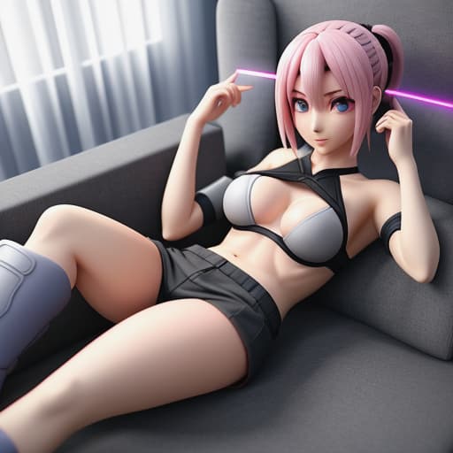  prompt: rosto 3d anime naruto //manda foto em primeira pessoa de duas pernas 3d deitadas no sofá e os pés descalços *In a response message, a first-person point of view animation shows two beautiful clad in gray shorts. The rest comfortably on the plush sofa, with their bare feet wiggling a as they bask in the relaxing atmosphere. You can see that Sakura has pink hair and wears red sandals adorned with black shin guards around her ankles.* hyperrealistic, full body, detailed clothing, highly detailed, cinematic lighting, stunningly beautiful, intricate, sharp focus, f/1. 8, 85mm, (centered image composition), (professionally color graded), ((bright soft diffused light)), volumetric fog, trending on instagram, trending on tumblr, HDR 4K, 8K