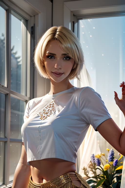  1girl,1girl,blonde short hair,straight hair,upper body shot,shirt,smile hyperrealistic, full body, detailed clothing, highly detailed, cinematic lighting, stunningly beautiful, intricate, sharp focus, f/1. 8, 85mm, (centered image composition), (professionally color graded), ((bright soft diffused light)), volumetric fog, trending on instagram, trending on tumblr, HDR 4K, 8K