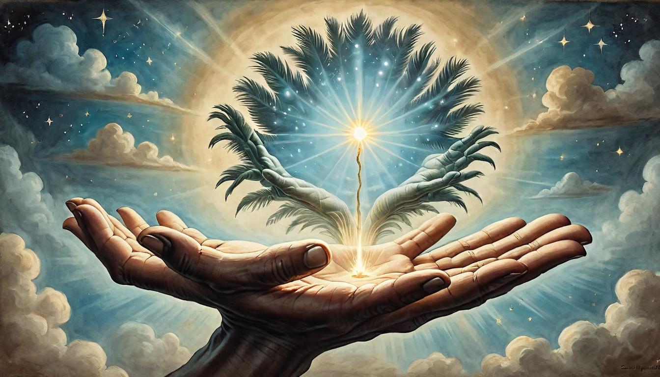  on parchment, surrealism+++, An open hand with a glowing aura, palm facing up towards the sky, light particles surrounding the hand, open, receptive, inviting, trusting process(mysterious, provocative, symbolic,muted color)+++