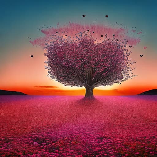  gigantic tree full of pink hearts in a meadow under dark blue skies with sunset pink and orange clouds