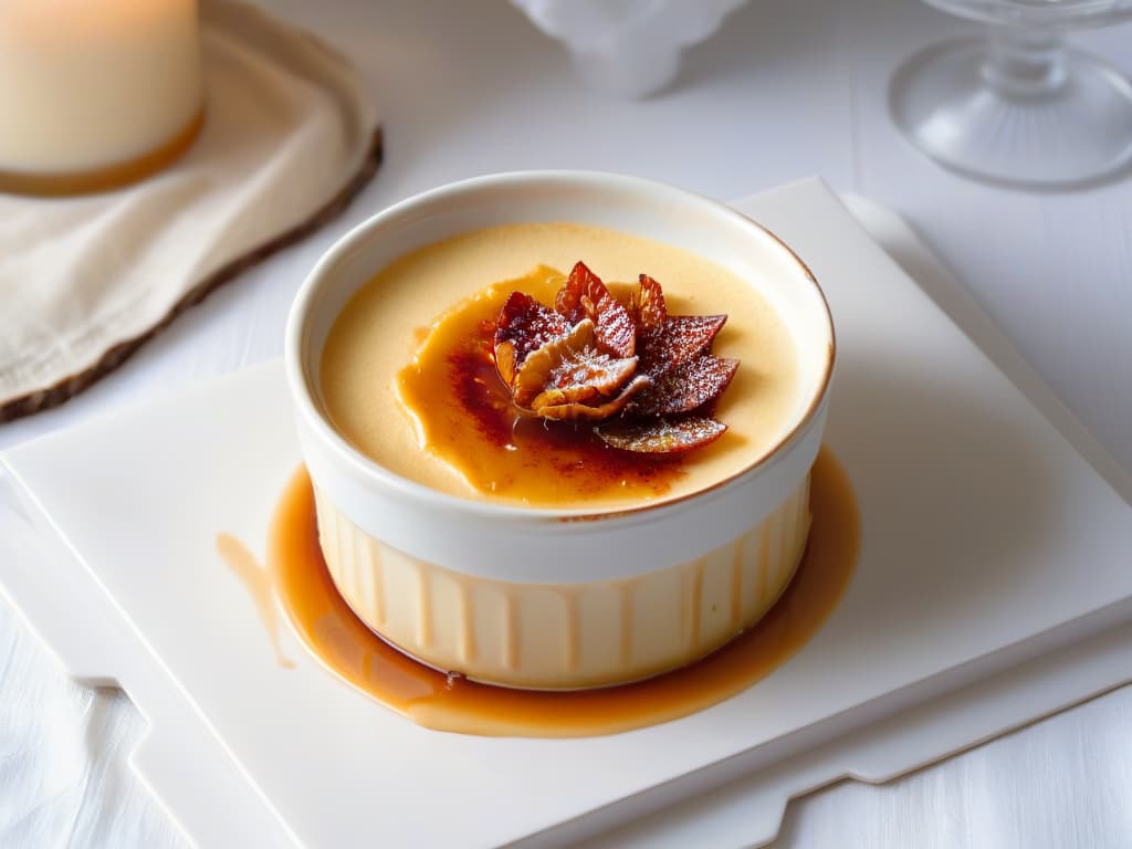  An ultradetailed closeup image of a perfectly torched Crema Catalana dessert in a white ceramic ramekin, showcasing the caramelized sugar crust with intricate goldenbrown patterns glistening under soft lighting, set on a rustic wooden table with a delicate white linen napkin beside it. The creamy custard texture should be smooth and inviting, hinting at the lusciousness of this traditional Spanish dessert, exuding elegance and simplicity in its presentation. hyperrealistic, full body, detailed clothing, highly detailed, cinematic lighting, stunningly beautiful, intricate, sharp focus, f/1. 8, 85mm, (centered image composition), (professionally color graded), ((bright soft diffused light)), volumetric fog, trending on instagram, trending on tumblr, HDR 4K, 8K