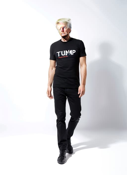  Donald trump wear a black t shirt, photo on white background, ADVERTISING PHOTO,high quality,masterpiece