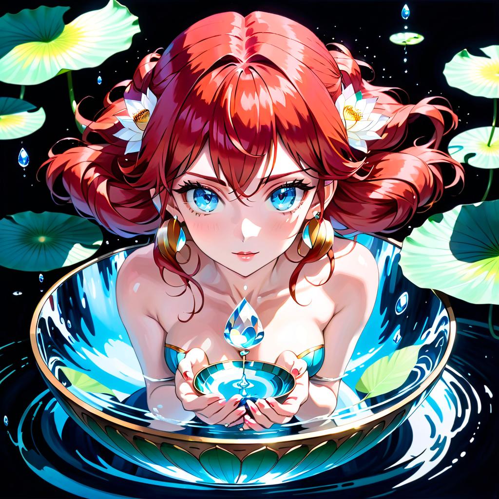  anime artwork The beautiful goddess is statically sitting in the lotus pose, against a black empty background, red hair, blue eyes, delicate facial features, a close up view up to her waist, in her hands a large bowl with water, in the reflection of the water the surface of the planet is visible. Translate into Italian: La bellezza divinità seduto staticamente nella posa del loto, contro un fondo nero vuoto, peli rosse, occhi blu, lineamenti delicati del volto, nel pieno piatto sino al fianco, nelle mani una grande ciotola con acqua, nel riflesso dell'acqua si vede la superficie del pianeta. . anime style, key visual, vibrant, studio anime, highly detailed hyperrealistic, full body, detailed clothing, highly detailed, cinematic lighting, stunningly beautiful, intricate, sharp focus, f/1. 8, 85mm, (centered image composition), (professionally color graded), ((bright soft diffused light)), volumetric fog, trending on instagram, trending on tumblr, HDR 4K, 8K