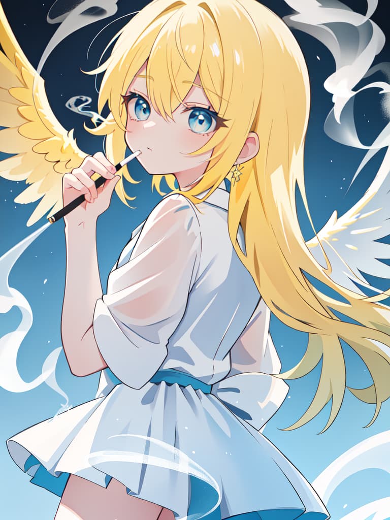  Angel, Blue Eye, Smoke a Cigarette, Smoke, Yellow Hair, Sora, Pierce, looking back, Angel, masterpiece, best quality,8k,ultra detailed,high resolution,an extremely delicate and beautiful,hyper detail