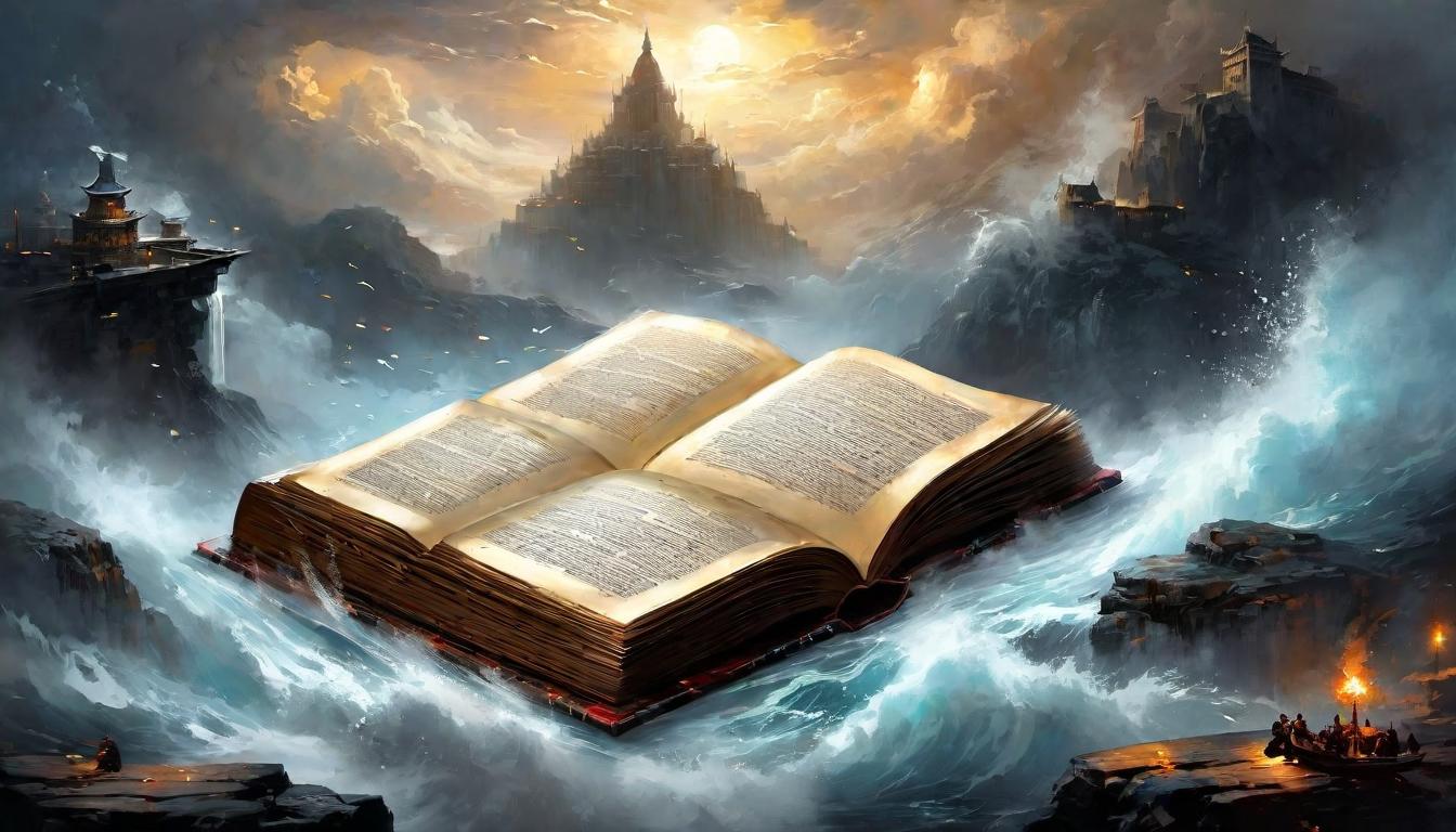  digital painting of Large open book with countless entries, distressed figures looking on, swirling mists. daunting, overwhelming, ominous looking at viewer, dynamic pose, (intricate details, masterpiece, best quality)